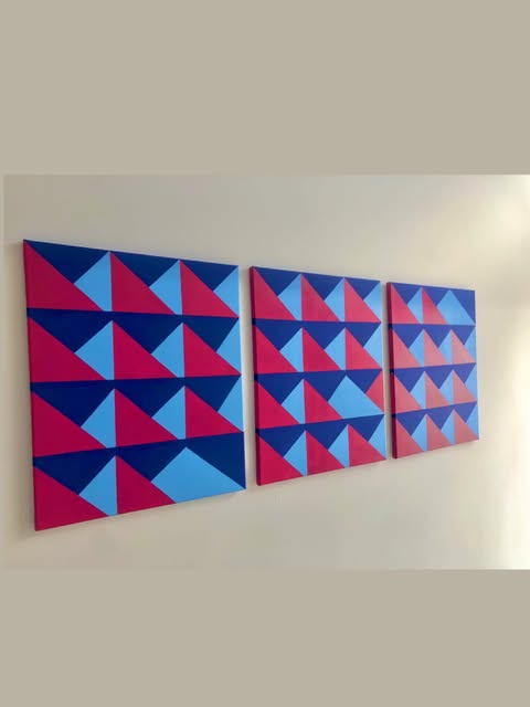 Pink Current: geometric triptych in pink, navy and sky blue triangles